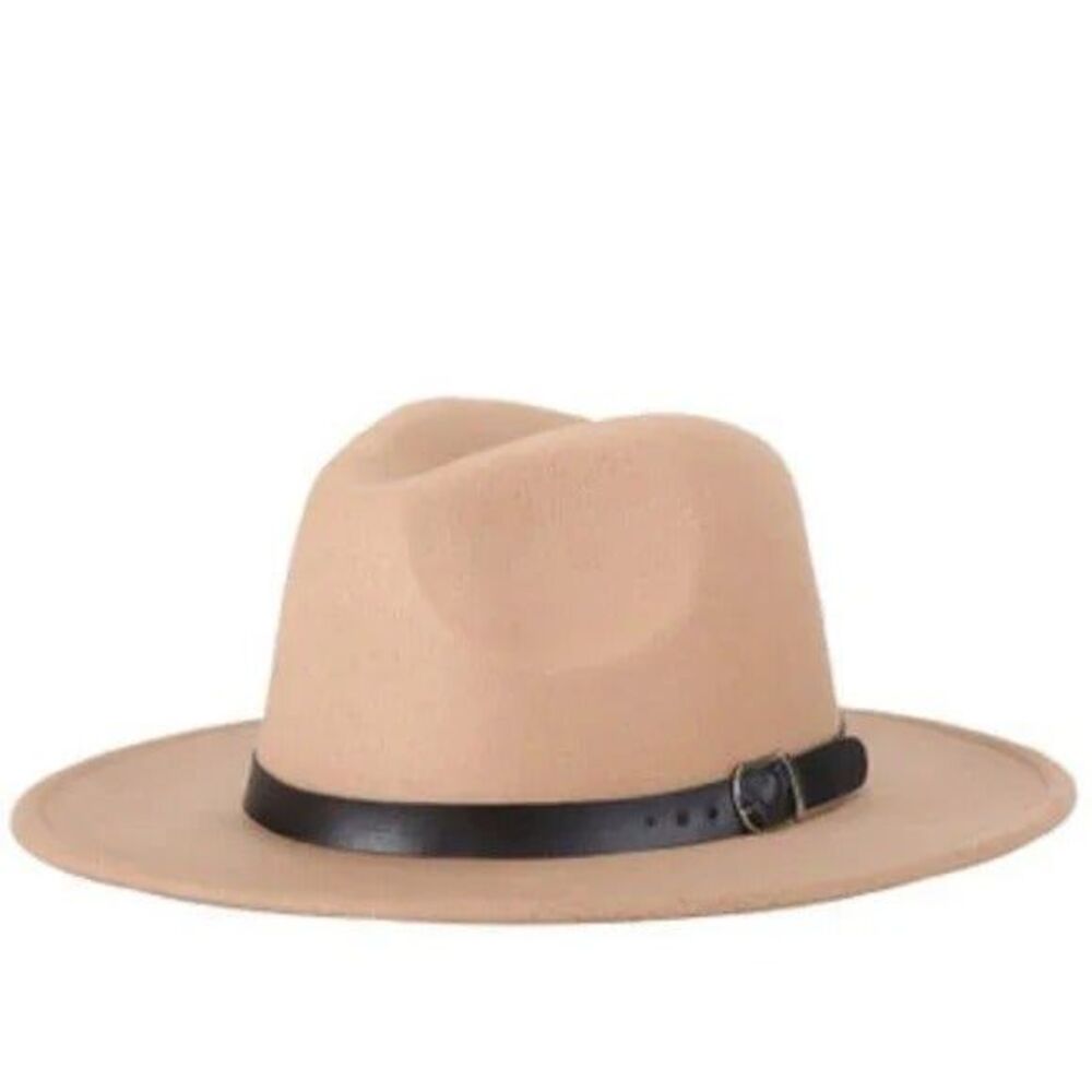 Unisex Fedora Brim Casual Beige Hat Woolen Cowboy Blend Cap Manhattan Belt Trim